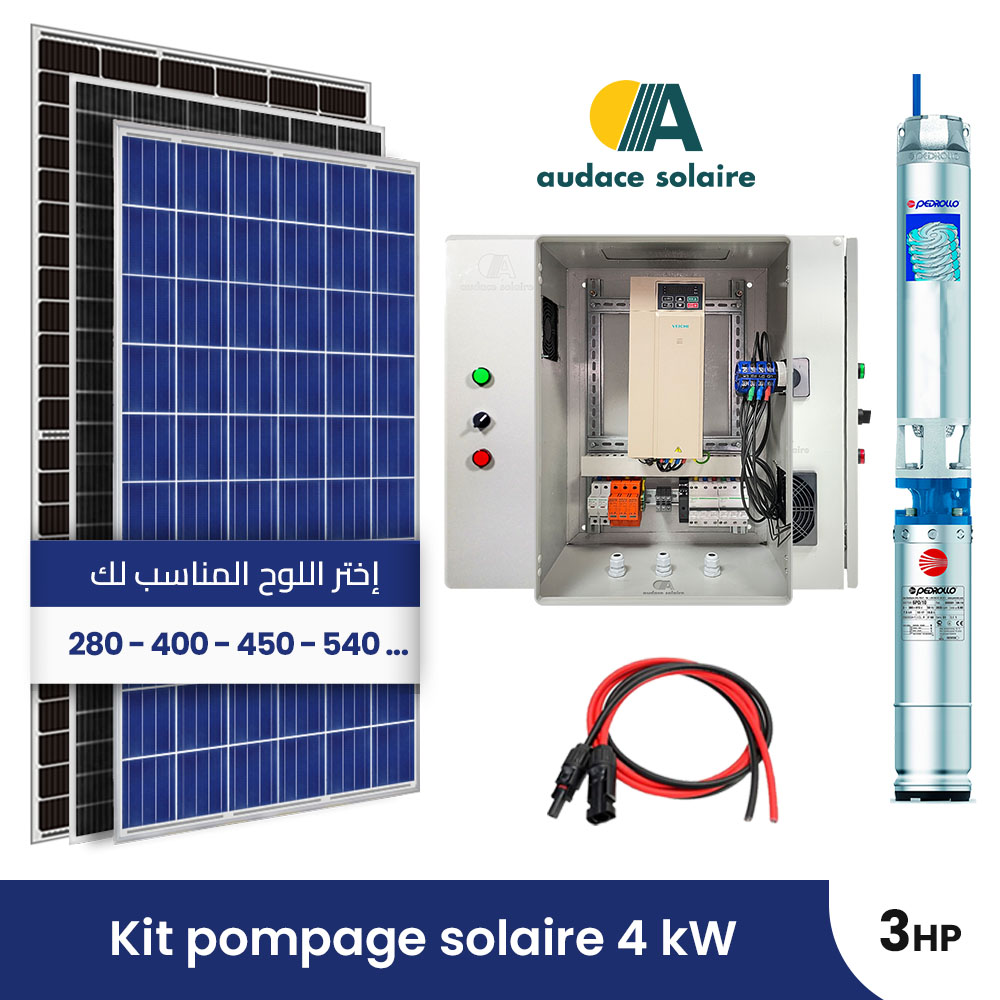 Kit pompage solaire + Pompe immergée AC Pedrollo Triphasé 380V – 3Chevaux