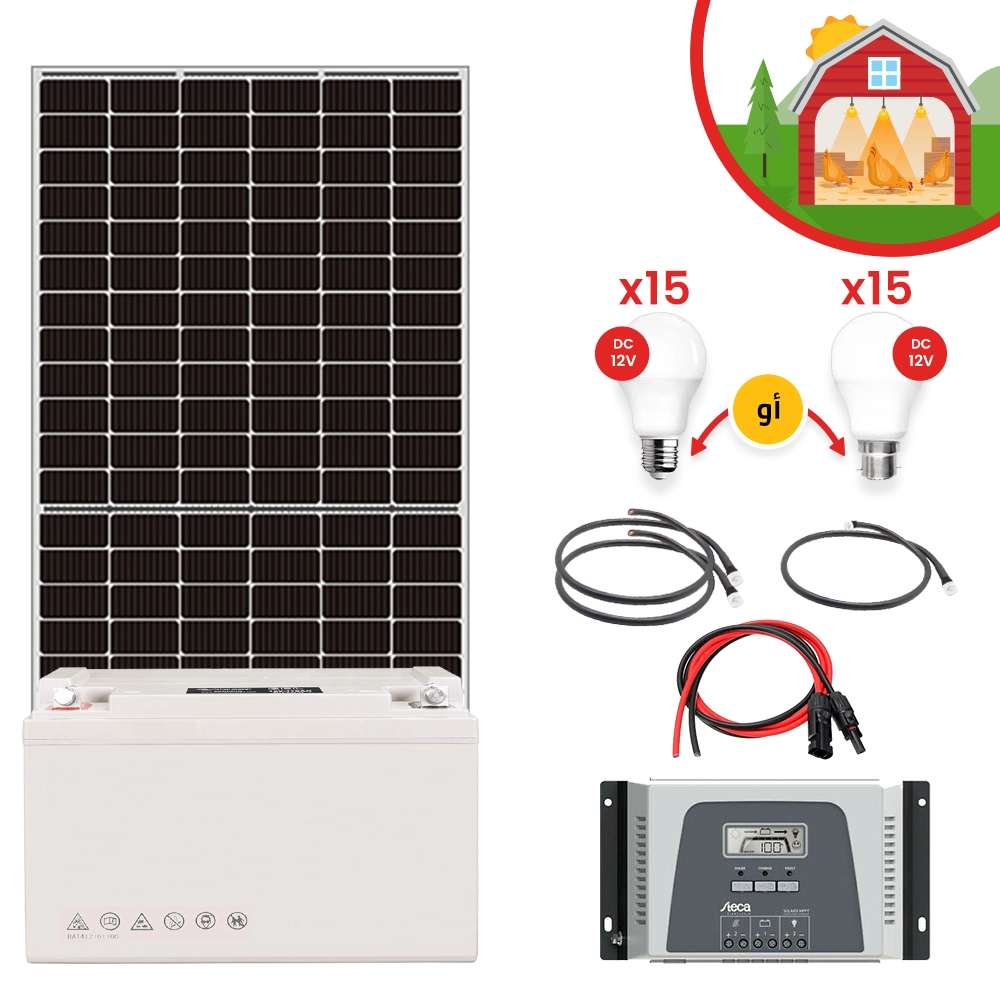 Kit solaire hangar poulailler 15 Ampoules 12V/6W, Autonomie 16Heures/Jour