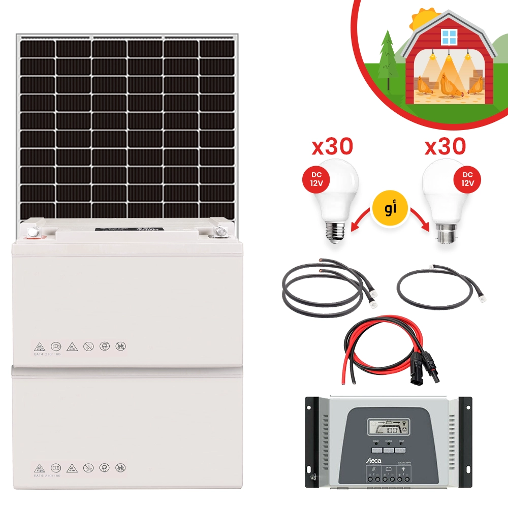 Kit solaire hangar poulailler 30 Ampoules 12V/6W, autonomie 16Heures/Jour